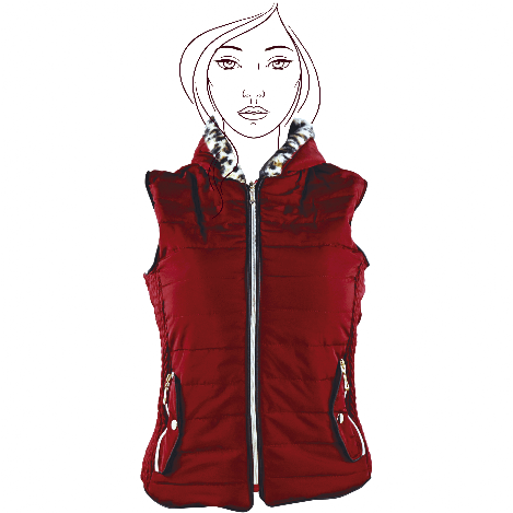 chaleco para mujer en color vino con cierre y gorro